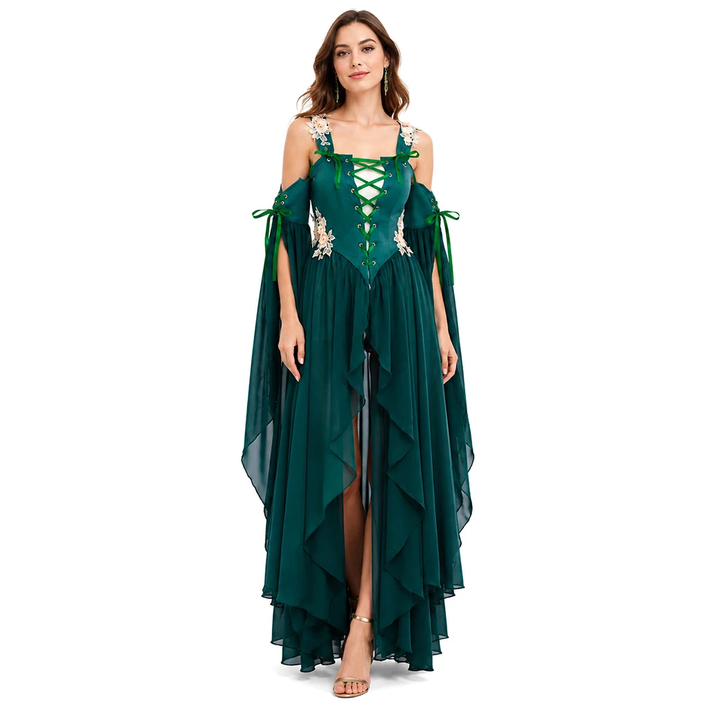 Disfraz Medieval Renacentista para Mujer, Vestido Verde de Hada Elfa con Mangas, Corsé de Hada del Bosque Vintage para Halloween