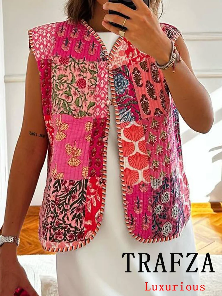 

TRAFZA Vintage Casual Chic Women Vest Printing V-Neck Sleeveless Lace Loose Vest New Fashion 2024 Summer Holiday Female Vest