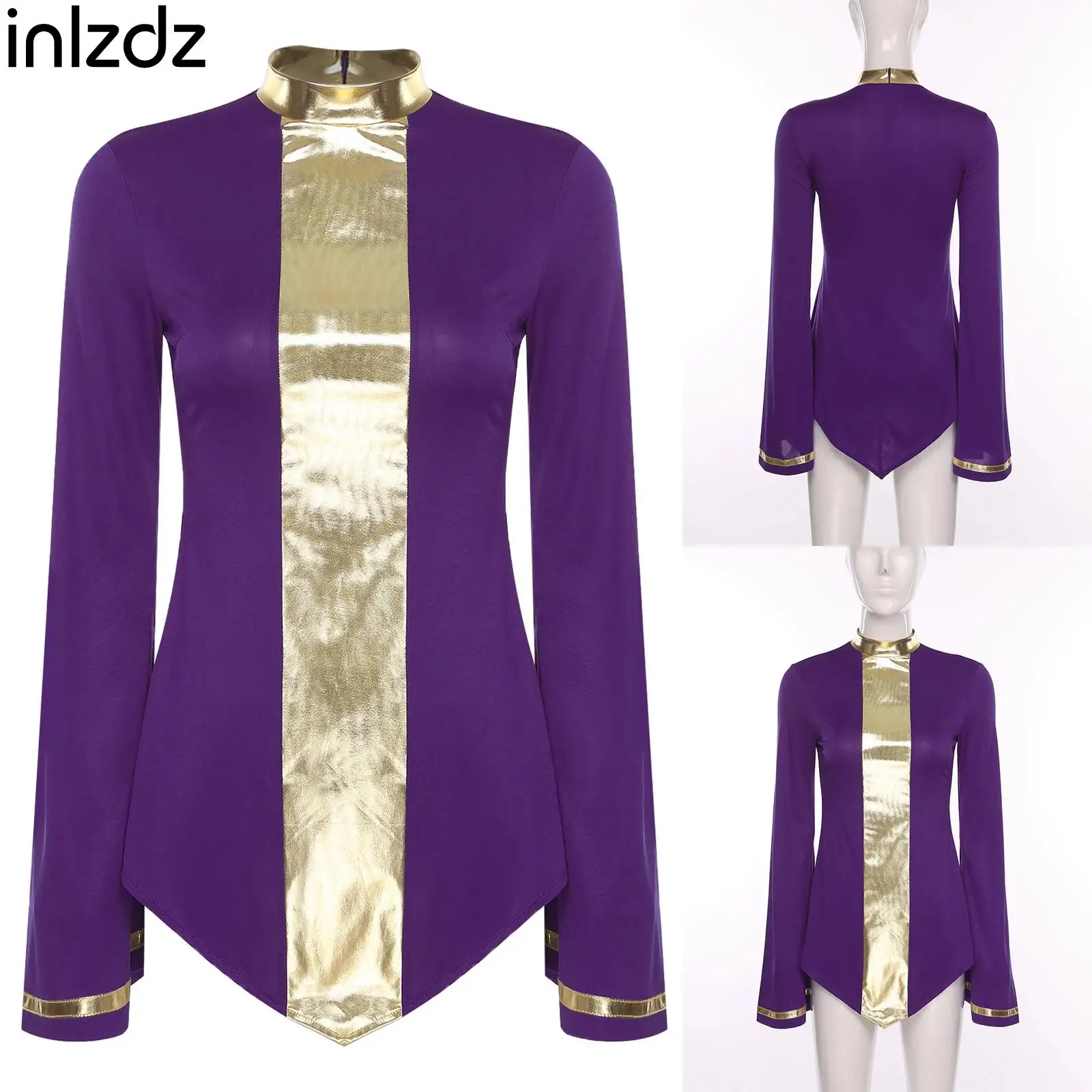 

Ladies Liturgical Praise Performance Tops Metallic Shiny Flared Long Sleeve Halloween Shirt Blouse Women Worship Lyrical Costume