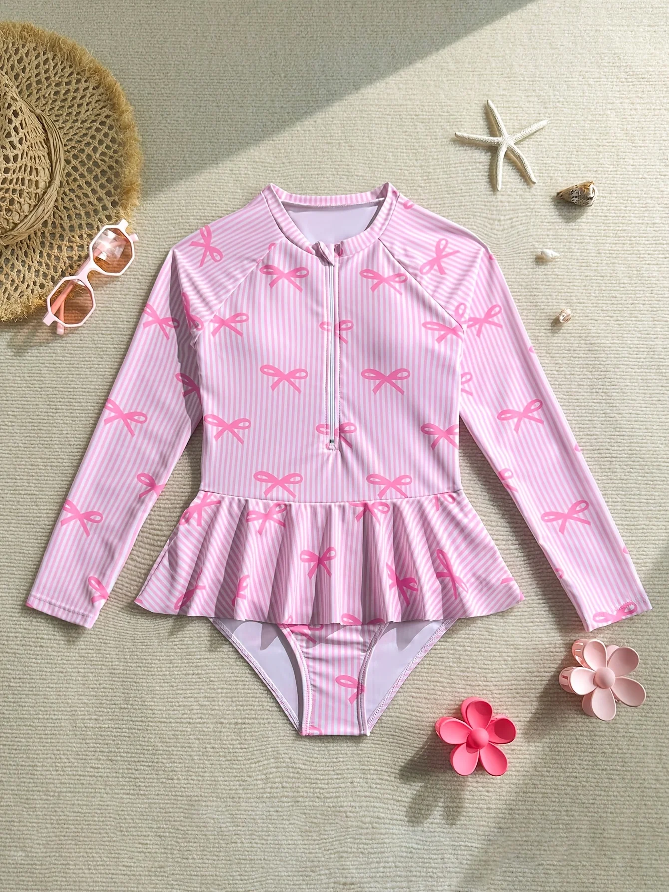 

Girls' Cute Pink Striped and Bow-Knot All-Over Print Casual and Fashionable One-Piece Swimsuit Made of Elastic Fabric, Soft and Comfortable, Perfect for Summer Beach Vacations