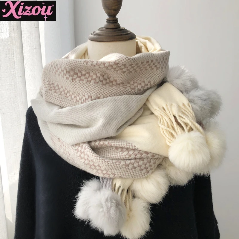

Imitation Cashmere Scarf Women's Winter Cute Girl Versatile Long Milky White Splicing Rabbit Hair Hanging Ball Warm Shawl