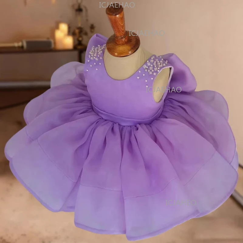 Kids Girls Formal Purple Dress New Birthday Tutu Mesh Fabric Flower Girl Wedding Children  Princess Gown Pageant Party Costume