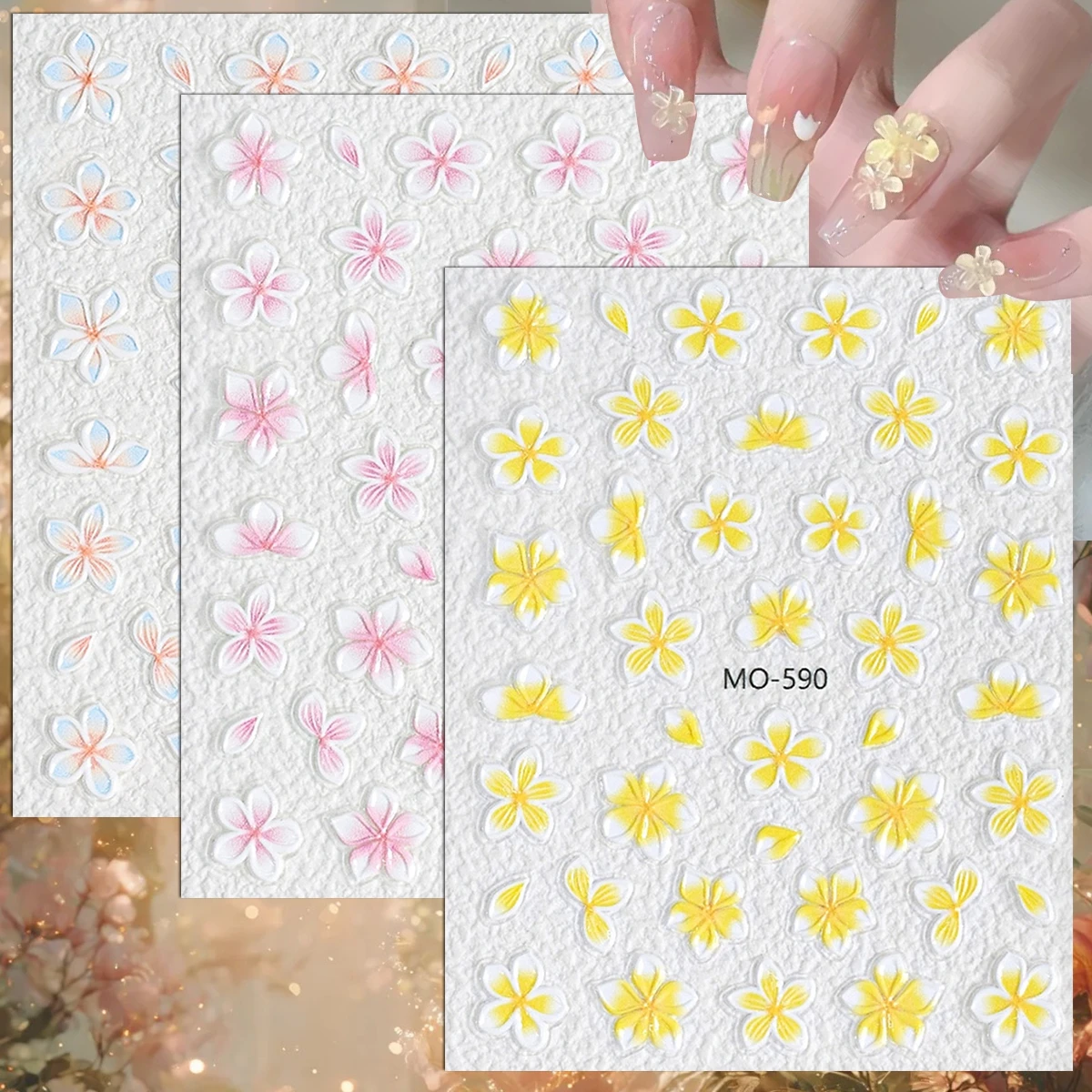 3 to 15 Sheets 5D Embossed Flower Nail Stickers, Pastel Frangipani Floral Nail Art Decals for Spring Summer DIY Manicure