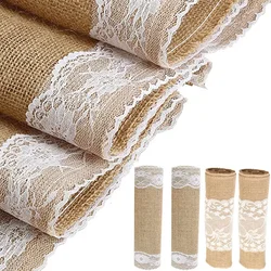 Lace Flower Linen Table Runner Retro Natural Jute Burlap Table Cloth Country Wedding Party Dining Table Chair Decorations