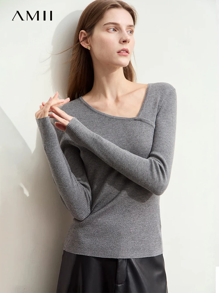 Amii Minimalism 2024 Autumn New Women Sweaters Commuter V-neck Asymmetrical Oblique Pullover Sweater for Women Slim Top 12423093