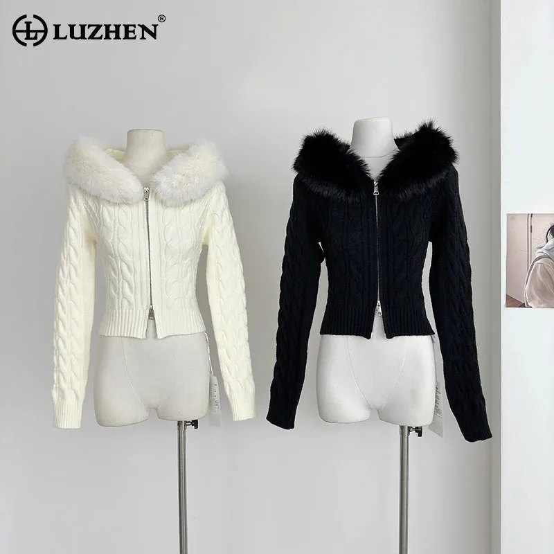 LUZHEN Personalized Double Zipper Design Fur Neck Hooded Knitted Cardigan Women's 2024 Winter New Fashion Street Sweater AA2572