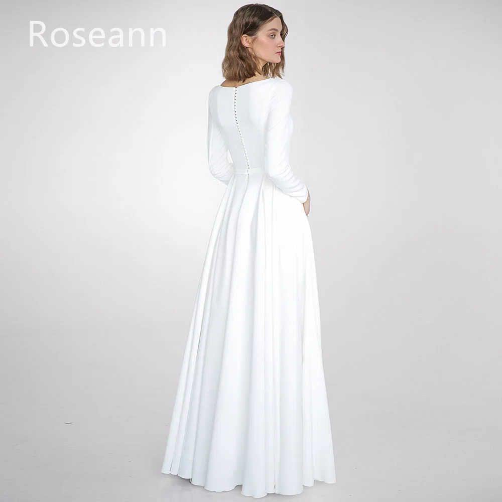 Robes de mariée A-Line en satin ivoire musulman, robe de mariée pleine longueur au sol, plissé drapé, col rond, haute qualité