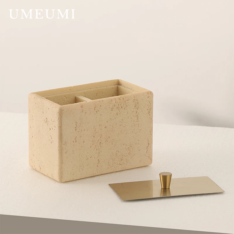 Nordic natural stone double grid toothpick line cotton swab storage box bathroom table desktop storage box