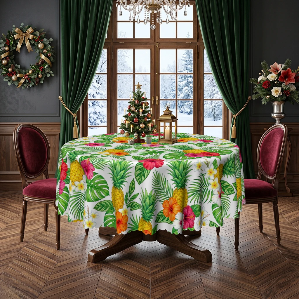 Tropical Pineapple Round Tablecloth, Hawaiian Luau Party Hibiscus Floral Palm Leaves Pattern Table Cover, Summer Bright Botanical Decorative Cloth for Kitchen Dining Room Indoor Outdoor Picnic Banquet, Washable Wrinkle Resistant Home Decor Accent