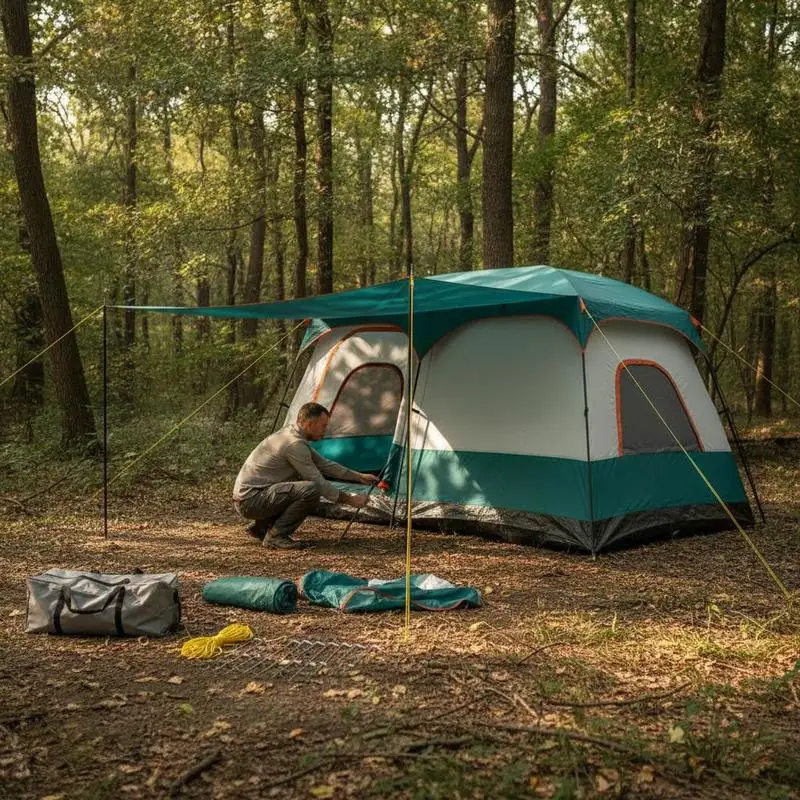 Tente de camping verte pour 6 à 8 personnes, deux chambres indépendantes et deux entrées. Toile imperméable PU 1000 mm, sol imperméable 3000 mm. Moustiquaires ventilées, arceaux en fibre de verre, cordes anti-vent et piquets fournis. Compact avec sac de transport