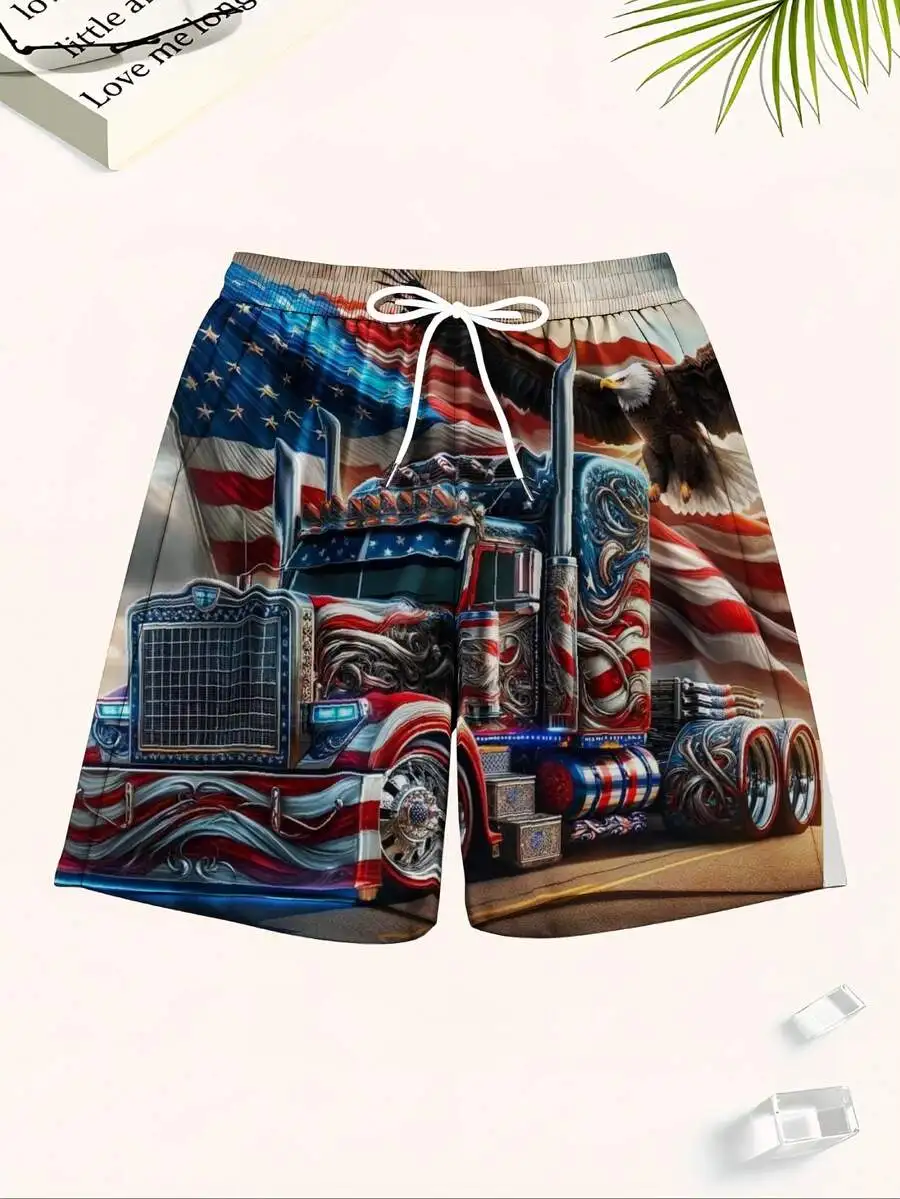 

American Flag Eagle Truck 3D Print Mens Swim Trunks Beach Shorts