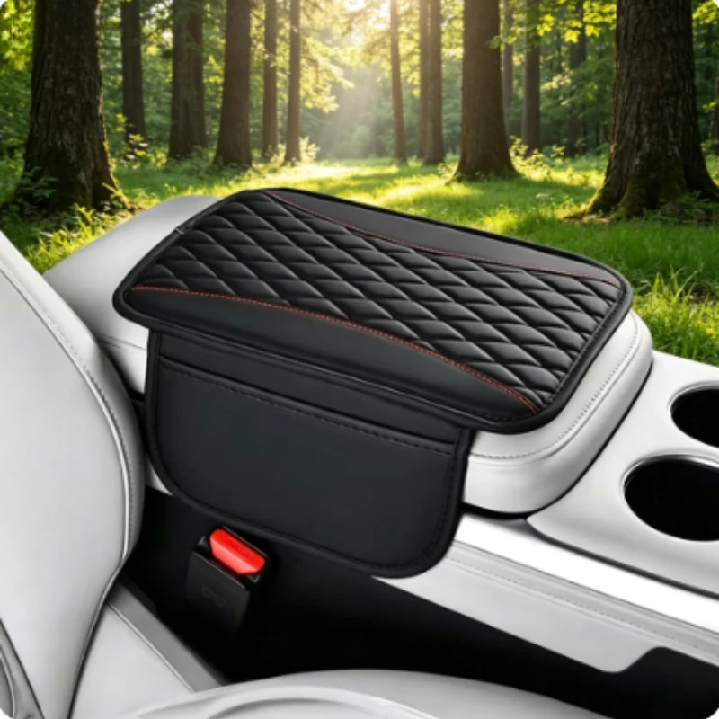 Rhombus PU Leather Car Armrest Box Pad Elegant Central Console Protector Mat With Optional Double Pockets