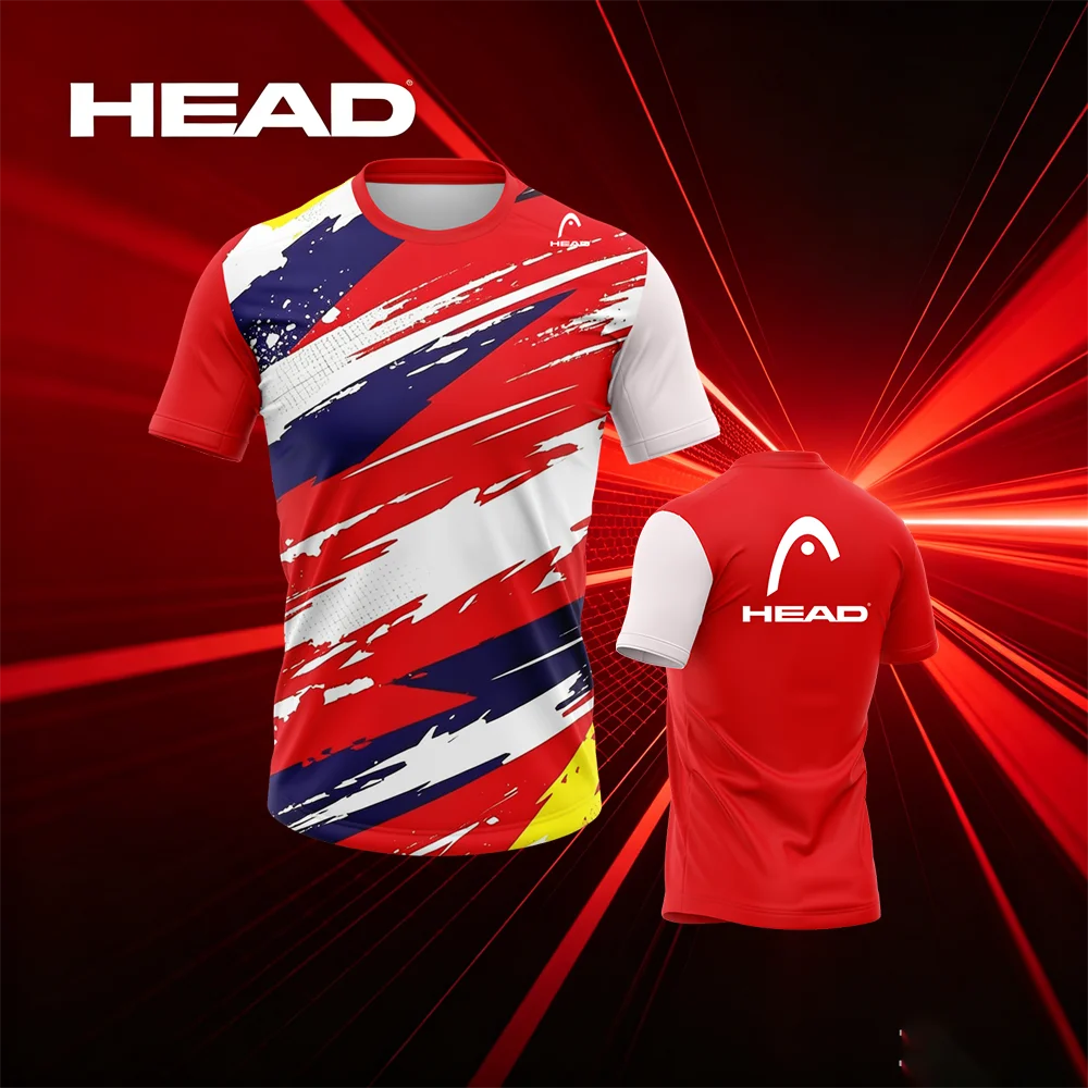 HEAD Sports T-Shirt Red White Navy Blue Brush Stroke Print Short Sleeve Tennis Training Shirt - view 2