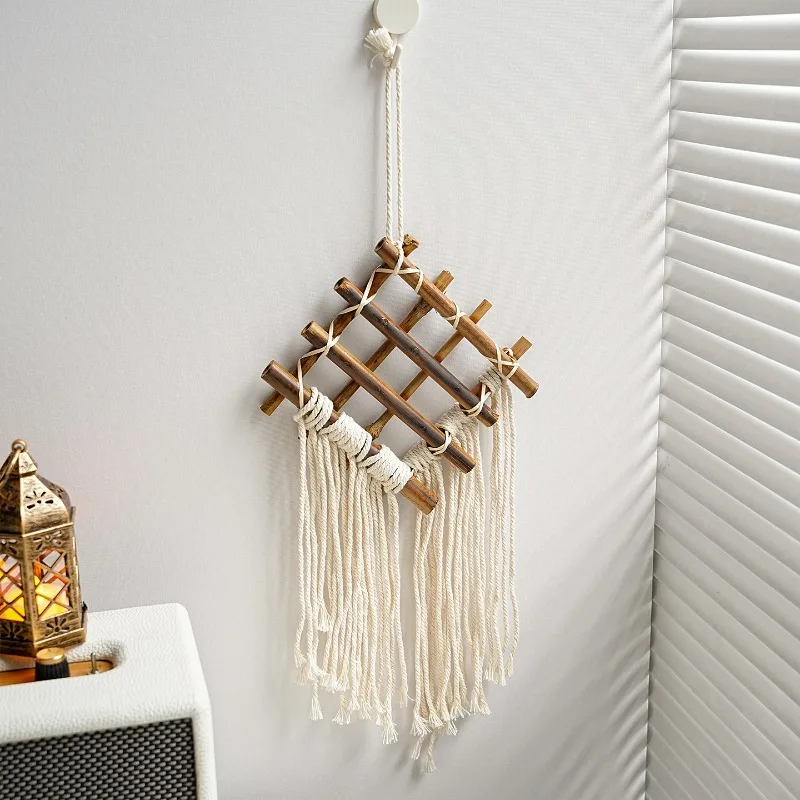 1PC Rustic Style Woven Bamboo Wall Hanging Tea Room Homestay Background Decor Fringe Tapestry Home Wall Art Handmade Woven Decor