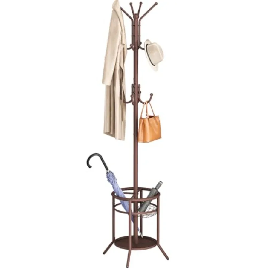 

Coat Rack Freestanding, Metal Coat Rack Stand with Umbrella Holder, Modern Coat Tree with 12 Hooks, Floor Standing Corner Hall