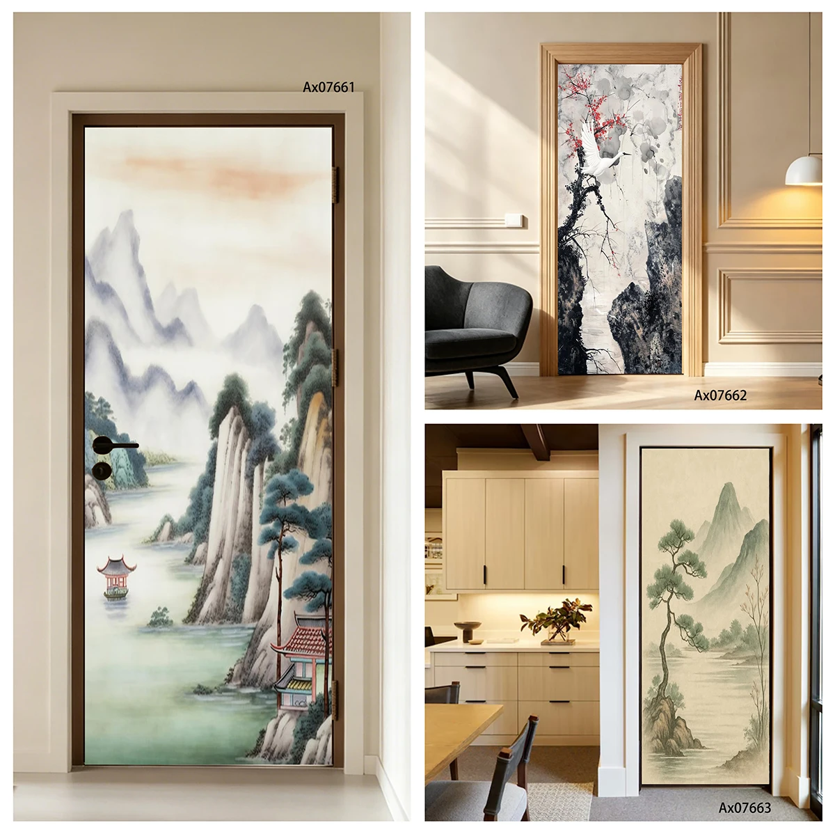 Door Decal Waterproof Removable Plum Blossom White Crane Rock Oriental Painting Decal Home Entry Door Decor Room Makeover