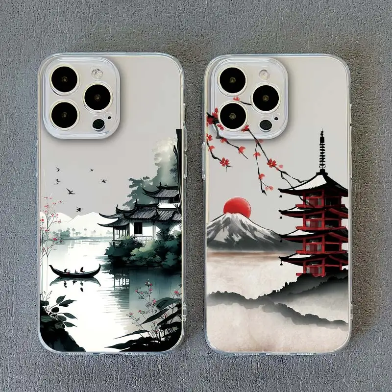 Ink and Wash Painting Scenery Clear Case for iPhone 12 13 Mini 11 Pro Max 14 13 Pro Max 7 8 Plus SE2 X XR XS Transparent Cover