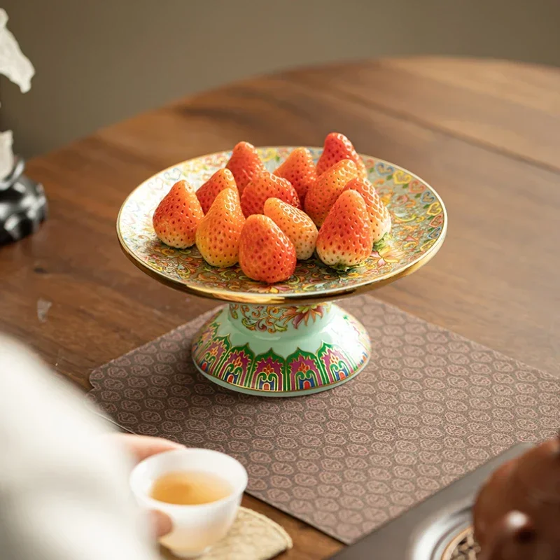 Chinese Ceramic Fruit Plate Enamel Painting Dim Sum Dish Living Room High Foot Tea Set Tray Altar Table Tea Room Special Plate