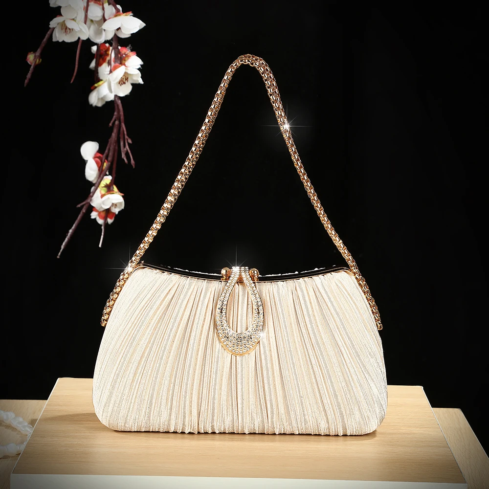 Neue Plissee-Kettentasche, Elegante Diamantbesetzte Clutch für Damen, Satin-Handtasche für Dinner und Dates, Vielseitig und Stilvoll