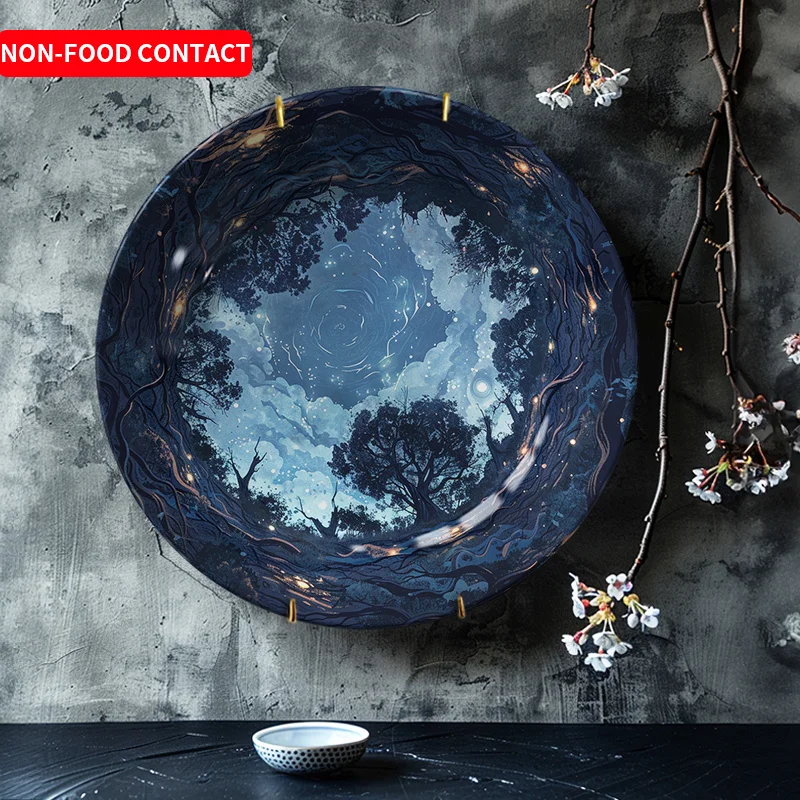1pc Non-Food Contact Celestial Tree Silhouette Ceramic Decorative Plate - Round Artistic Home Wall Decor, Nordic Style for