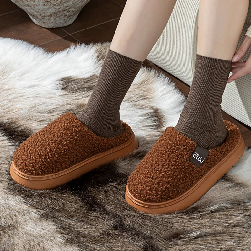 Thick Platform Lambswool Home Slippers Women Autumn Winter Non Slip Warm Plush Slippers Comfort Soft Thick Sole Cotton Slides