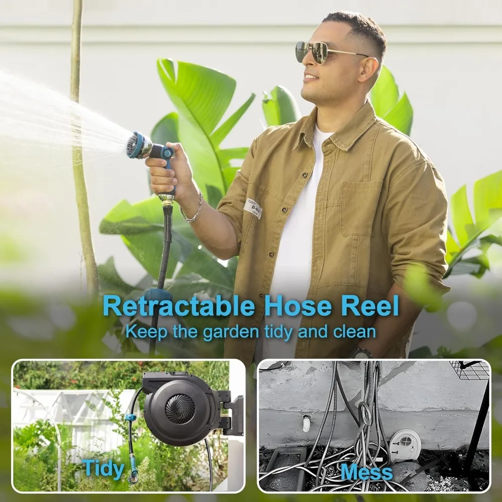 Retractable Garden Hose Reel - 5/8 inch x 90 ft Wall Mounted Hose Reel with 10 Pattern Nozzle & Any Length Lock,  180° Swivel