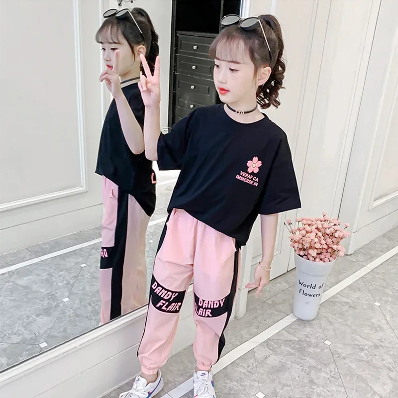 2024 girls Clothes Child Sports Suit Teen tracksuit loose flower t shirt tops + Ankle-tied pants striped 10 11 12 14 15 years