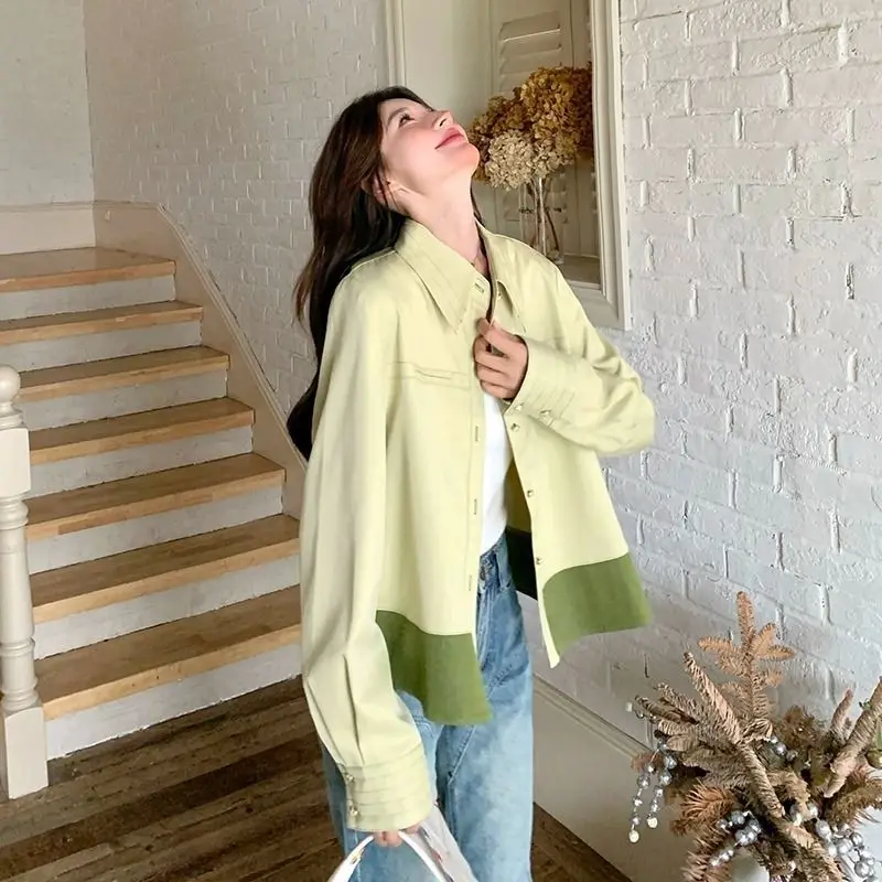 Casual Style Contrast Jacket Women's Spring and Autumn Turn-down Collar Spliced Long Sleeve Jacket Loose Fashionable College Top