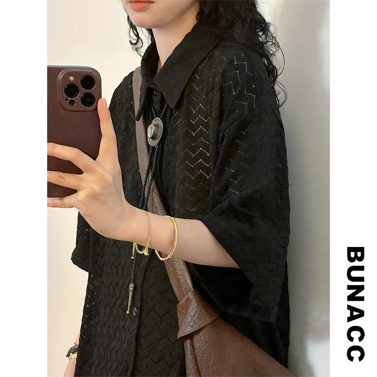 

Женская летняя повседневная свободная рубашка BUNACC2026 с коротким рукавом, волнообразным узором и геометрическим принтом, стандартной длины