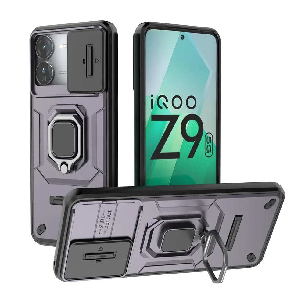 For iQOO Z9 Turbo Anti-Shock PC TPU Case With Lens Protector,Stand Holder Rugger Armor Hard Case For OPPO IQOO Z9X cases