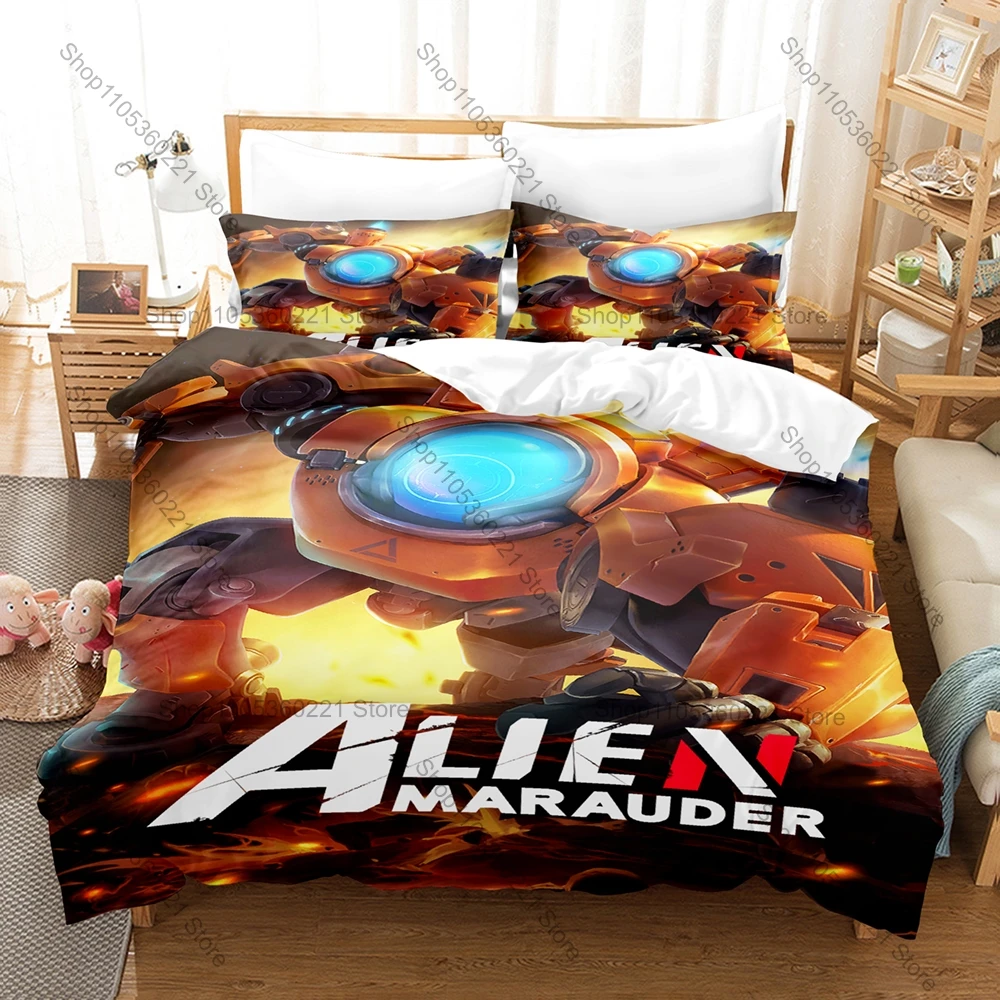 Muted Black Orange Abstract Generic Dark Industrial Outer Space Mech Battle Minimal Line Sketch Duvet Cover + 2 Pillowcases