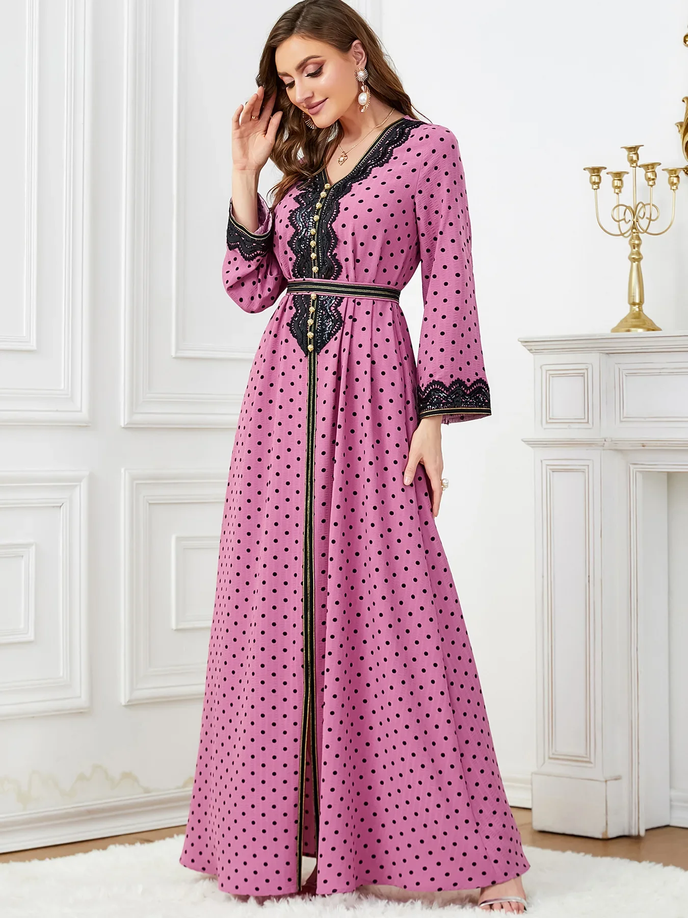 Eid Muslim Party Dress for Women Polka Dot Ramadan Abaya Belt Morocco Kaftan Vestidos Largos Dubai Turkey Robe Jalabiya 2024