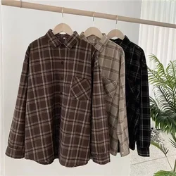 Camicie a quadri da donna Vintage camicia a maniche lunghe Oversize allentata abbottonata camicia autunnale tasca Casual top femminili top neri coreani
