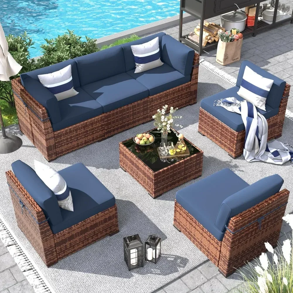 

7 Pieces Outdoor Modular Conversation Set Wicker Sectional Sofa for All Weather Rattan Patio Couch for Porch Garden Backyard