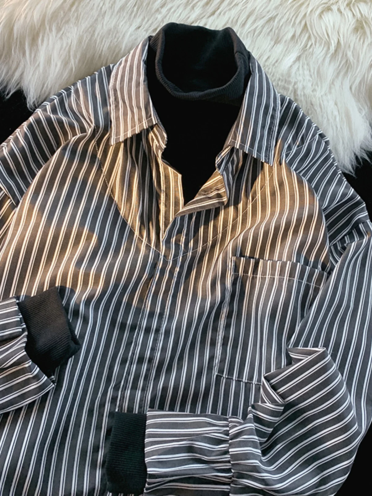 

Casual Striped Patchwork High Collar Long Sve Men's irt Trendy Brand Spring Autumn Street Sle Iron Free Color Woven Fa...