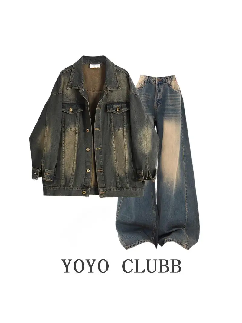 

Осенние потертые джинсовые джинсы и утягивающие джинсы в стиле ретро в американском стиле, уникальный комплект из двух предметов Sli для мужчин Long Sve