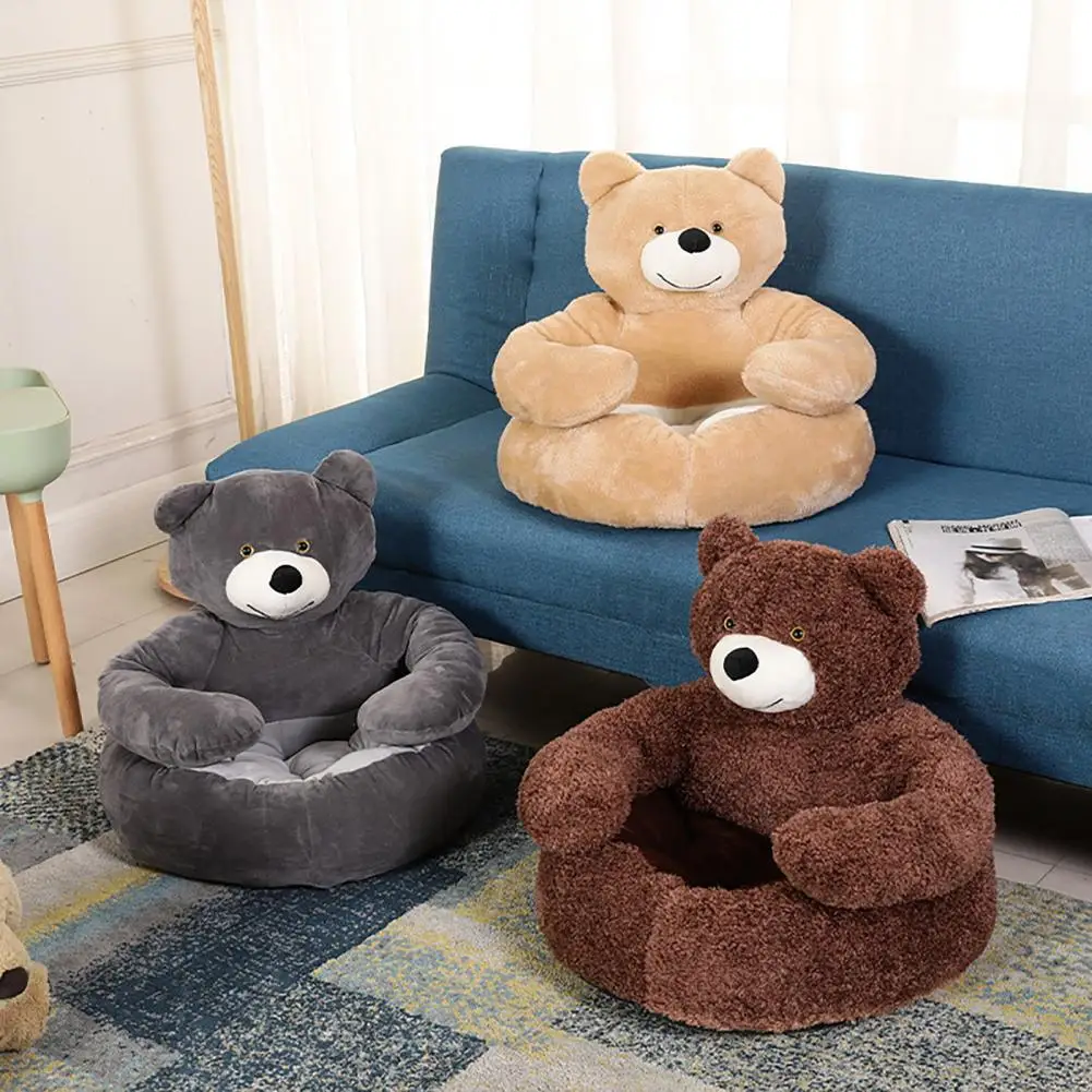 Soft Pet Sofa Dog Bed Plush Fabric Plush Teddy Bear Dog Bed with Armrests Cozy Cat Sofa Bed Non-slip Washable Cuddle for Cats