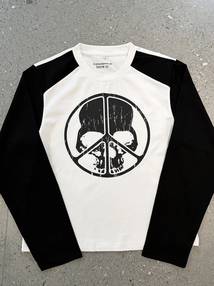 Retro Shoulder Sleeve T-Shirt Long Sleeve Unisex Skull Color Block Design Vintage Style Breathable Skin-Friendly PVC Material