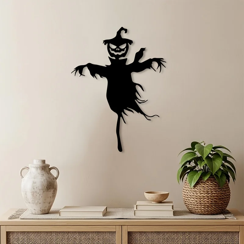 CIFBUY 2D Flat Gothic Jack‑o'‑lantern Metal Wall Art, Laser‑Cut Spooky Pumpkin Silhouette Mural for Courtyard Outdoor Fence