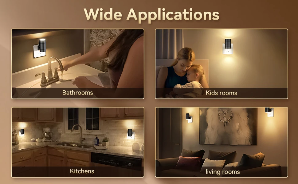 2 Pack Rotatable LED Night Light, Plug-in, Fit Horizontal/Vertical Outlets, Dusk-to-Dawn Sensor,  0-100LM Adjustable Brightness,