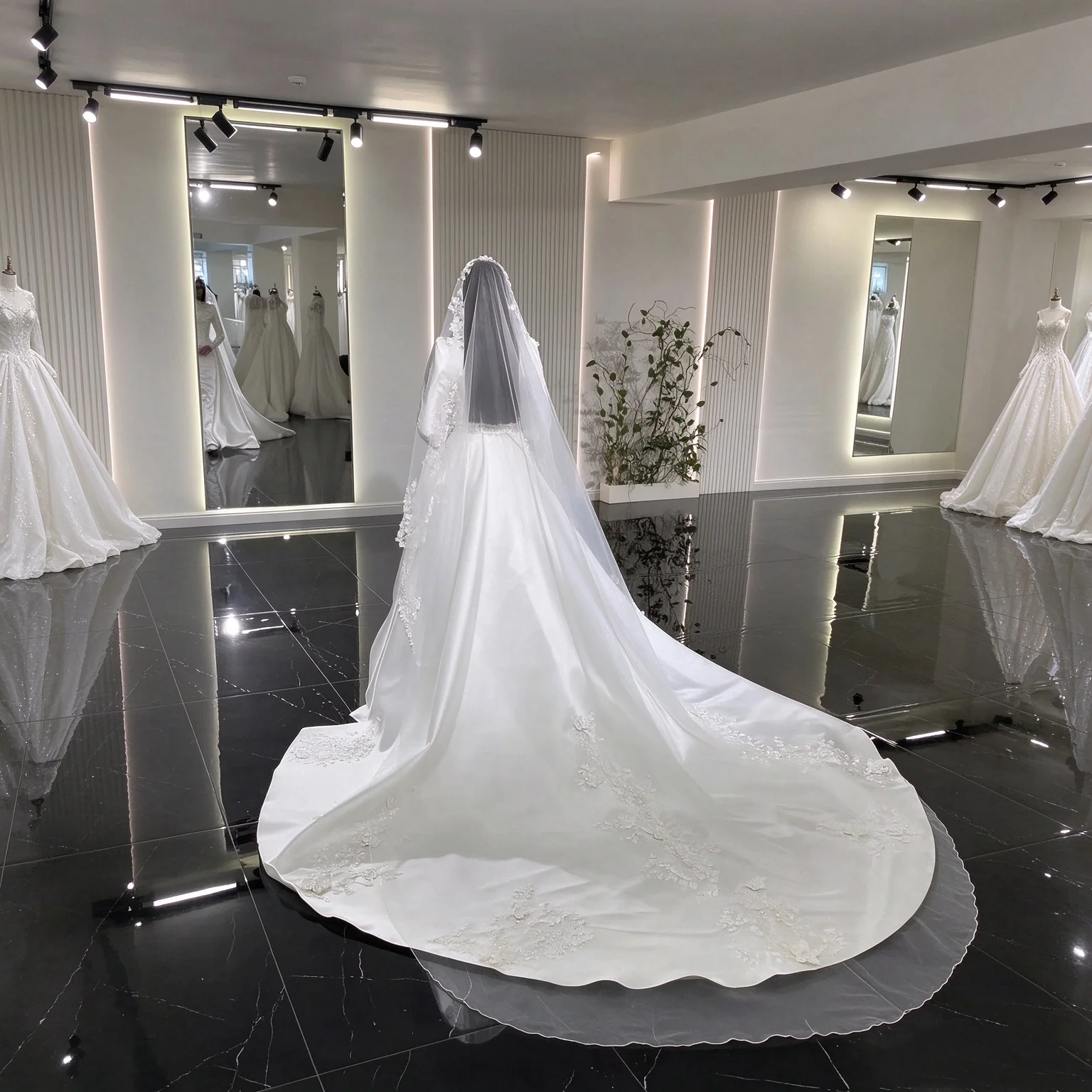 Elegant A Line Wedding Dress High Neck Long Sleeves Satin 3D Floral Appliques Detachable Train Muslim Gowns Customized
