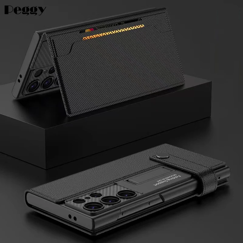 

Carbon Fibre Leather Flip Wallet Phone Case For Samsung Galaxy S23Ultra S24 Ultra Plus Bracket Shockproof Card Clip Phone Cover