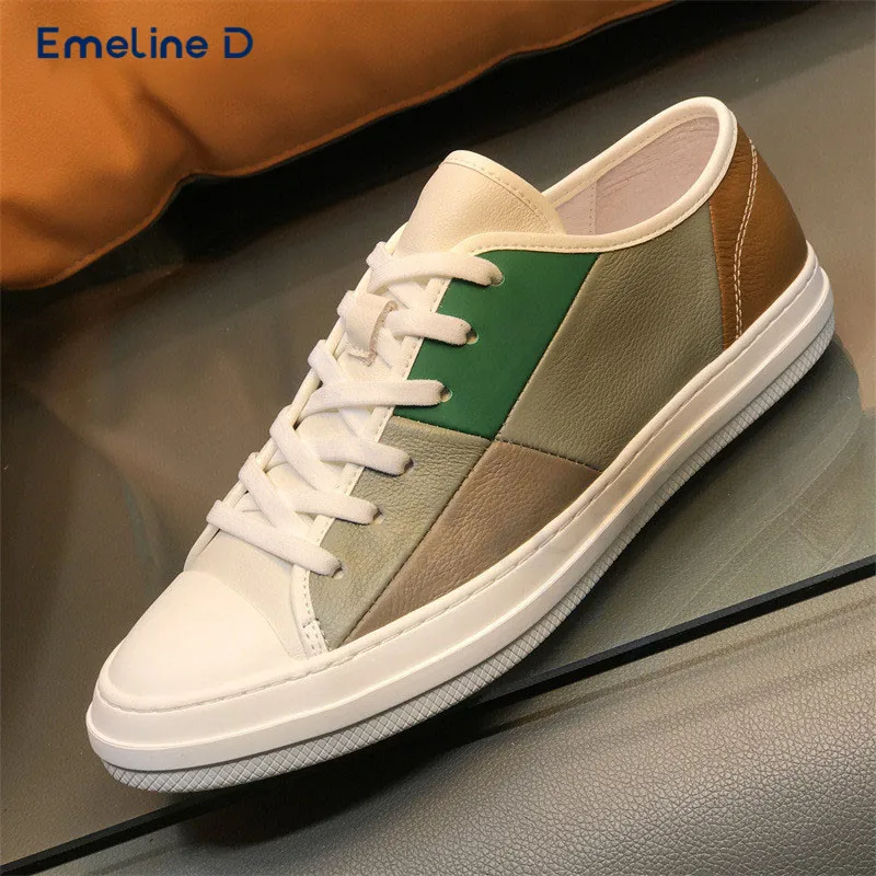 

Fashionable Color Matching Leather Sneakers Round Toe Lace-Up Slip-On Casual Shoes Personality Comfortable Men's Shoes