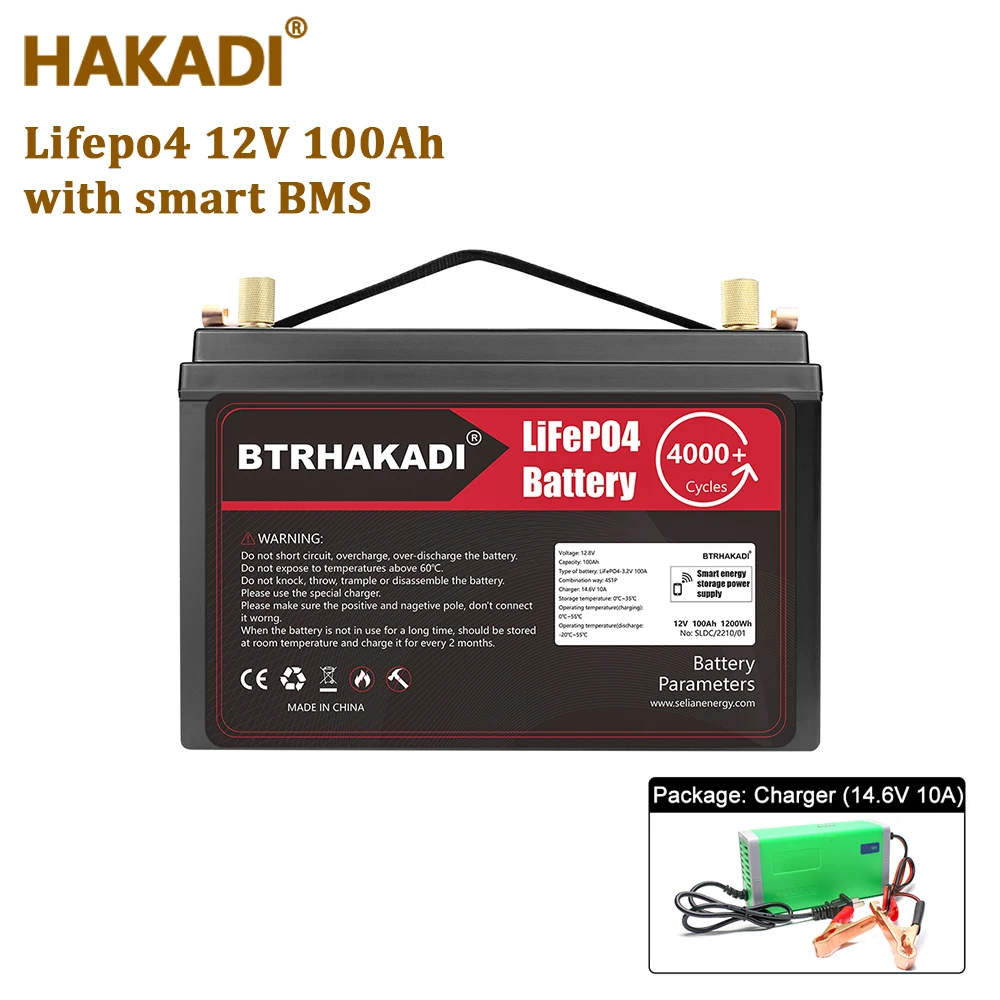 HAKADI Lifepo4 12V 100Ah 120Ah 200Ah 24V 100Ah Rechargeable Battery Pack Build-in Smart BMS With Charger For Energy Storage Boat