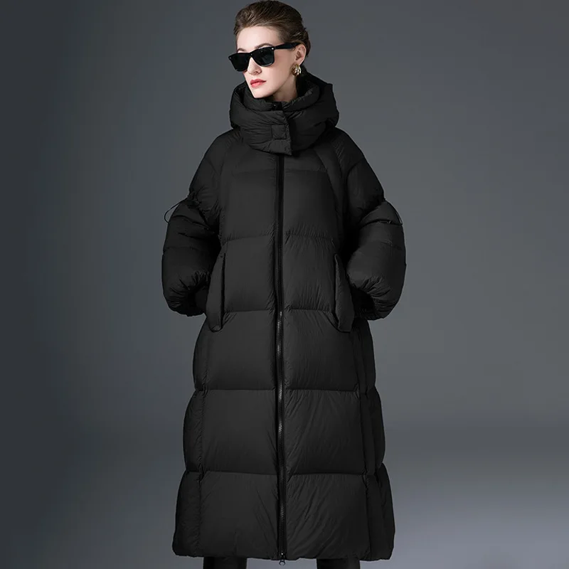 Luxury High Quality Winter Down Jacket Women A-line White Duck Down Puffer Jacket Thicken Long Coat Hooded Windproof Trench Coat