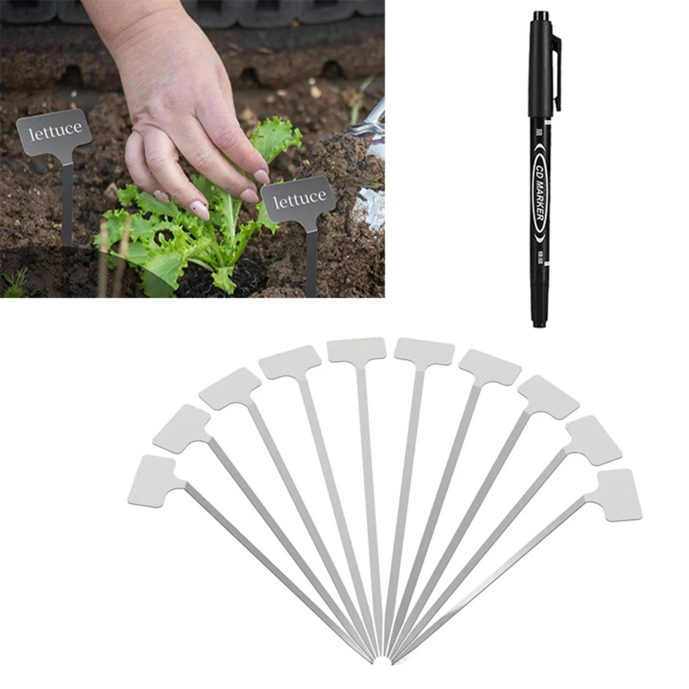 

A92P 10Pcs Stainless Steel T-Type Plantshrub Nursery Garden Writable Labels Pot Name Tags For Gardening