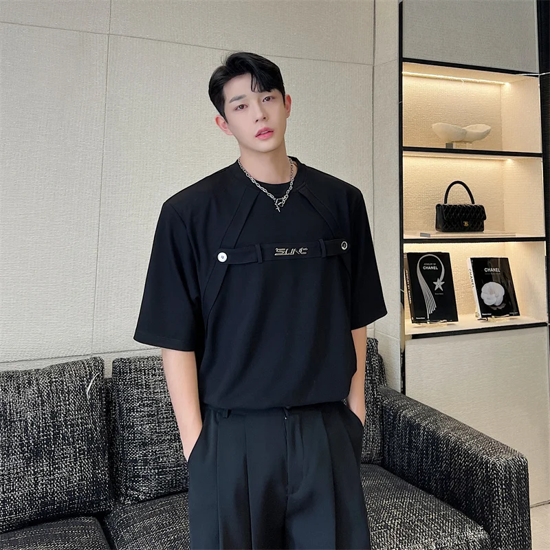 

Корейская футболка с металлической молнией, свободного кроя, с наплечниками, круглым вырезом, модная, из хлопка и полиэстера, для молодежи...