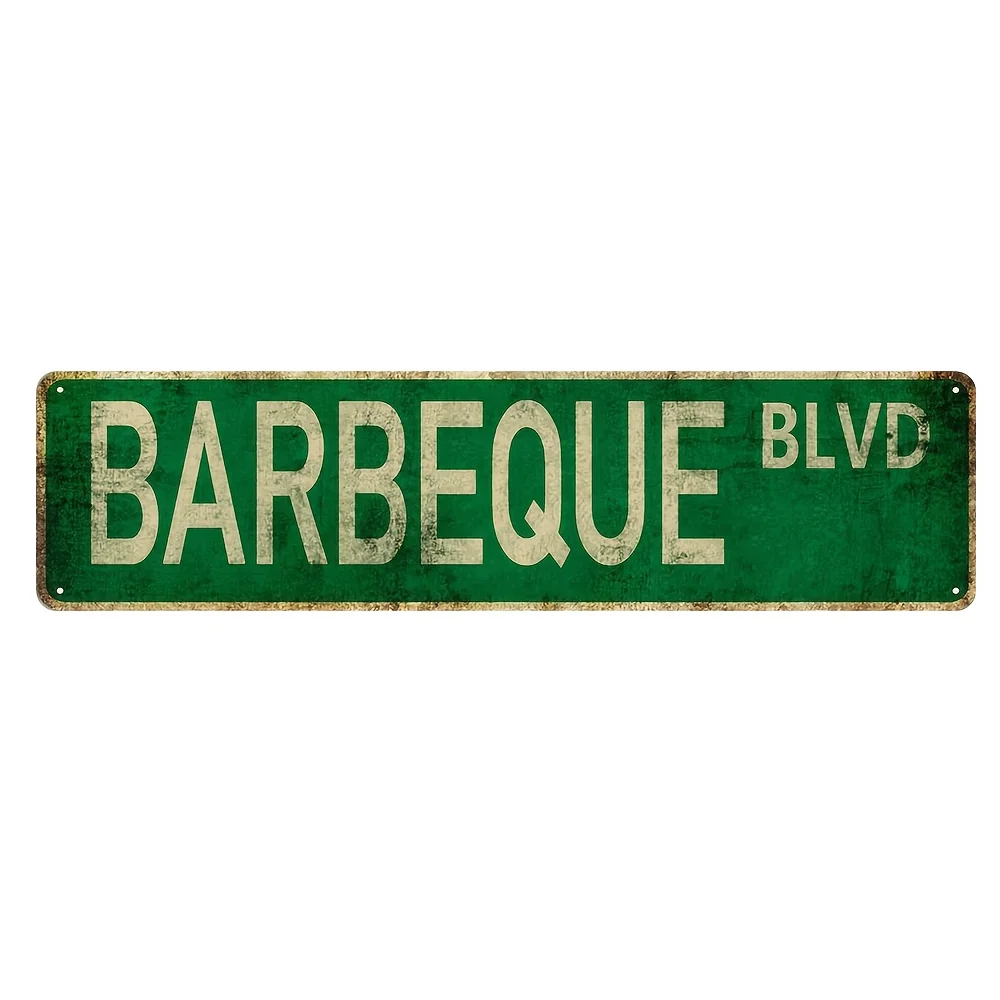 Vintage BBQ Blvd Metal Sign - 16x4 Inch Rustic Wall Art for Home, Bar, Cafe, Garage Decor, Waterproof & Dustproof, Bar Decorat