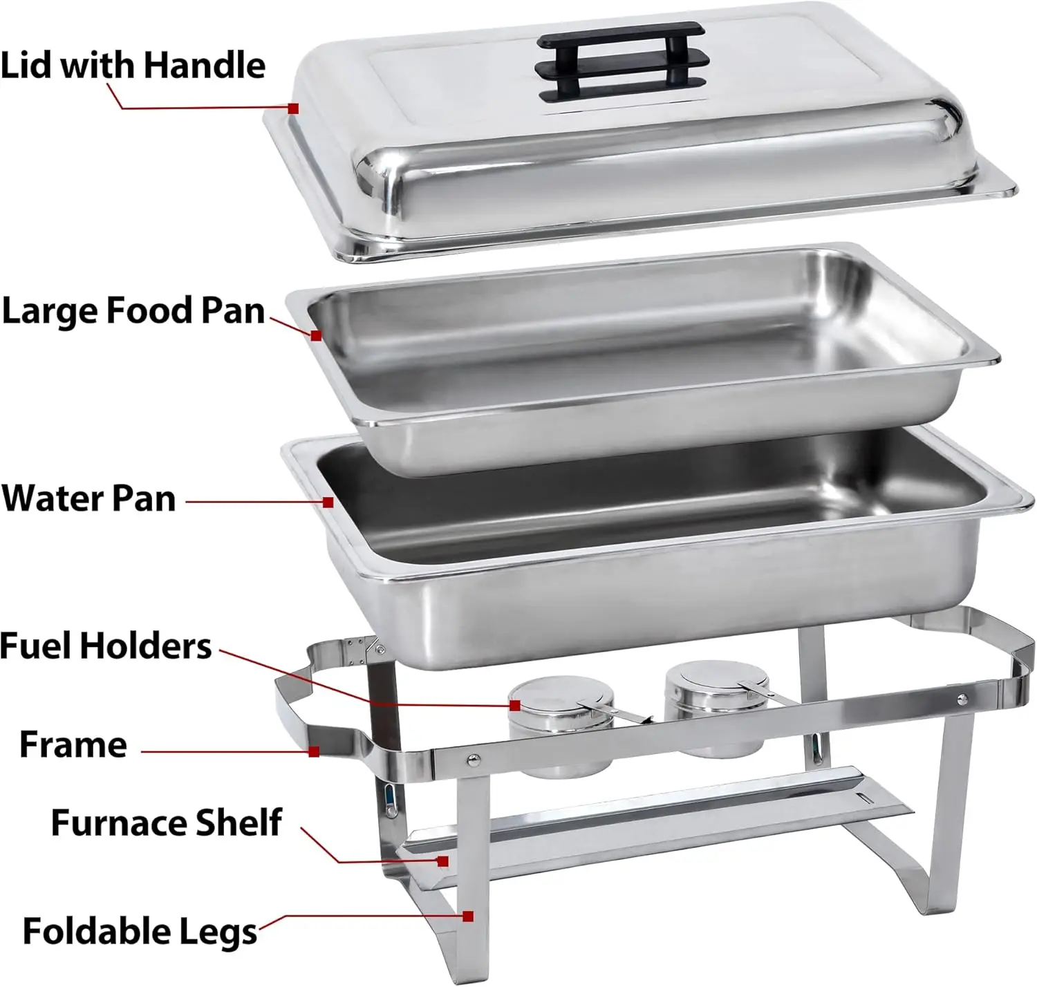 Rectangular Chafing Dish Set 6 Pack of 8 Quart Full Size Chafer Dish Stainless Steel Frame Chafers With Foldable Frame Legs (6)