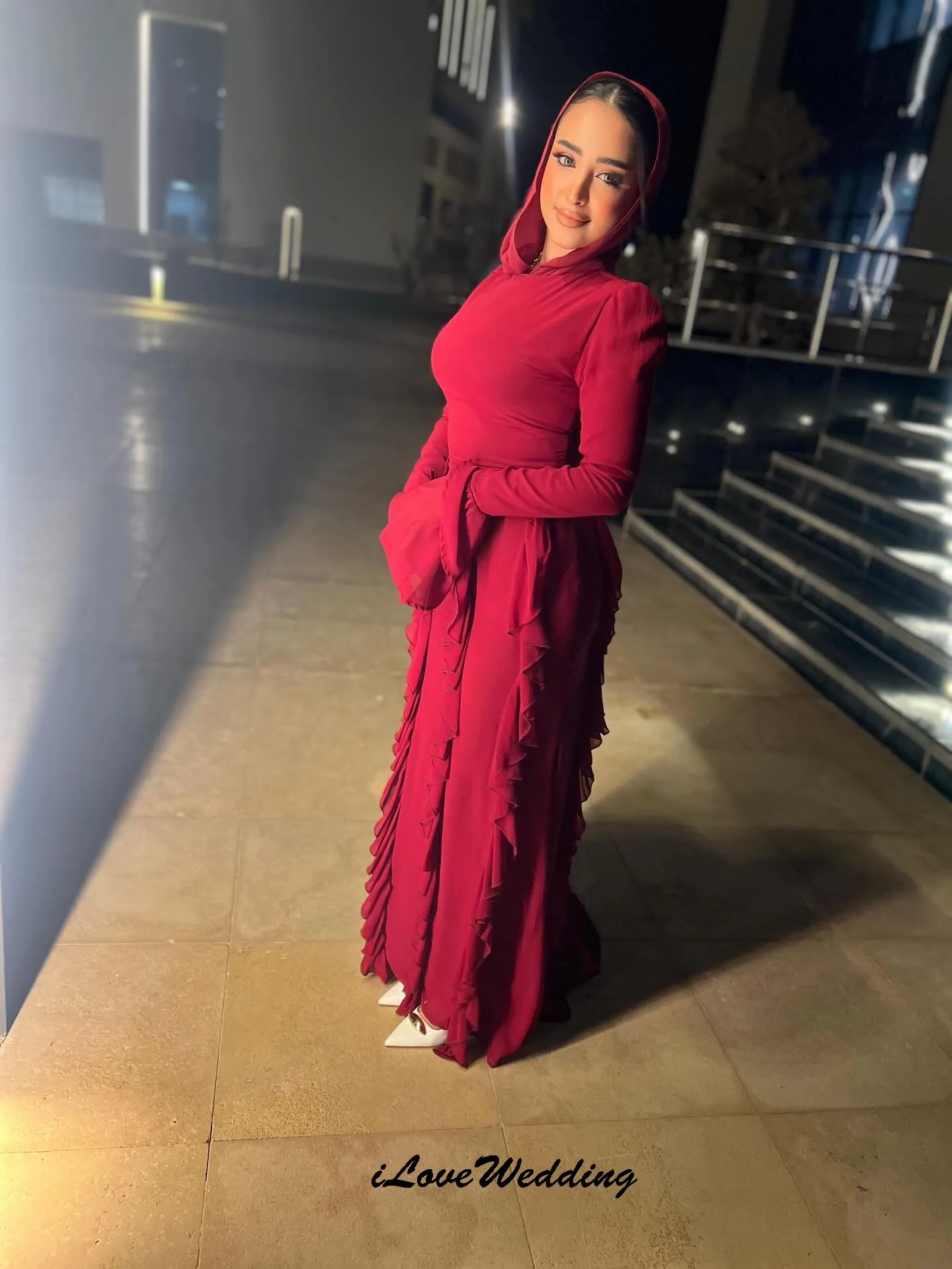 Robes de bal à manches longues en mousseline de soie rouge 2025 robes formelles volants robe de soirée robe de soirée de mariage pour les femmes invité Gala personnalisé